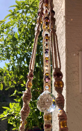 Wine At Sunset Macrame Plant Hanger With Crystal Beading in Purples & Iridescent Gold Large Center Prism