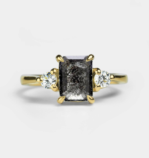 Salt & Pepper Diamond Three Stones Engagement Ring | Emerald Cut Grey Art Deco Dainty Multi-Stone Ring| Bridal Promise