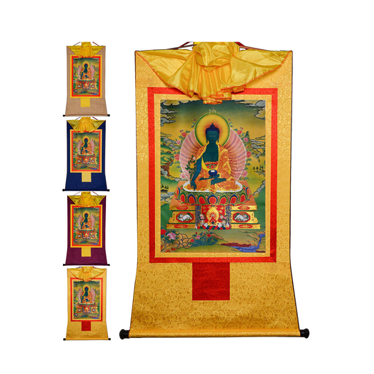 Medicine Buddha Thangka Brocade, Bhaisajyaguru, Tibetan Buddhist Tapestry Wall Hanging, Gandhanra Art