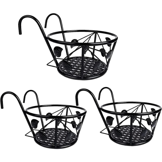 Plant Pot Holder, Iron Art Hanging Baskets Plant Holder, with Hooks, 3 pcs Railing Flower Pot Holder for Fence Pots for Garden Balcony Railings