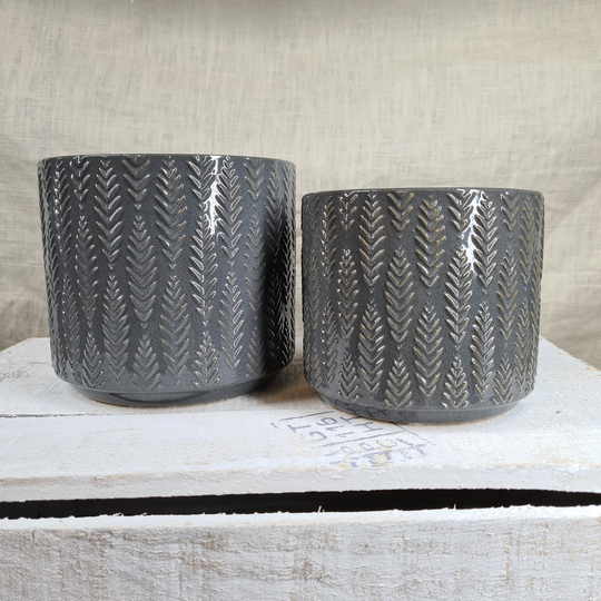 Grey Glazed Embossed Fern Leaf Planter