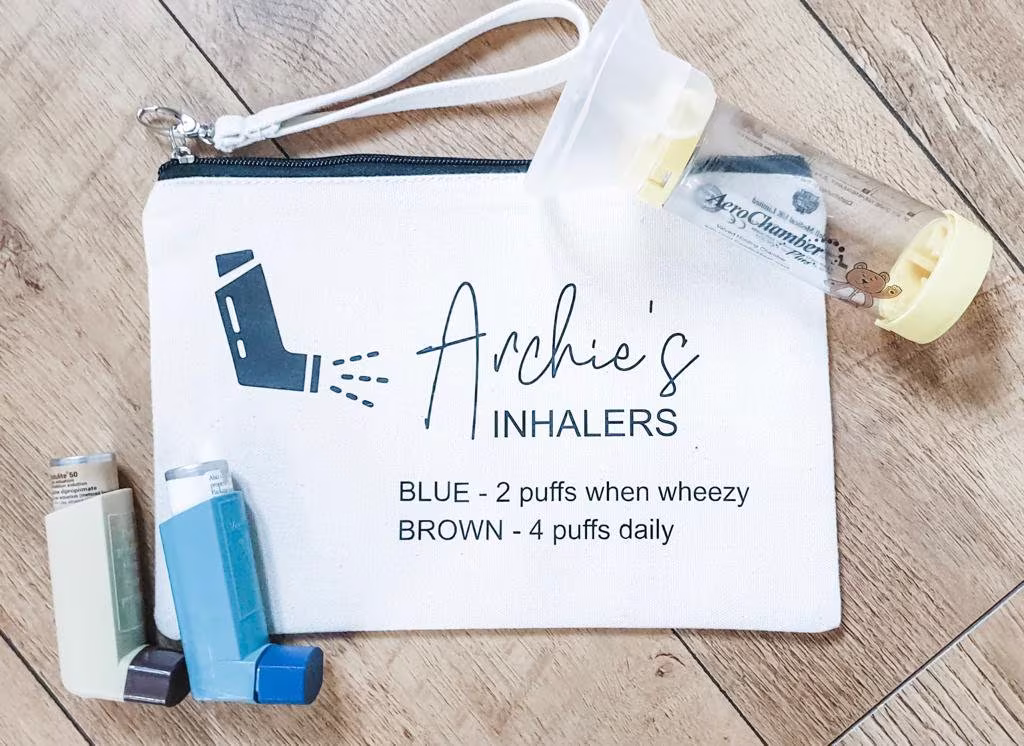 Personalised Asthma Inhaler Bag, Pump Spacer Bag, Medicine Medical Nursery, School, Change Inhalers