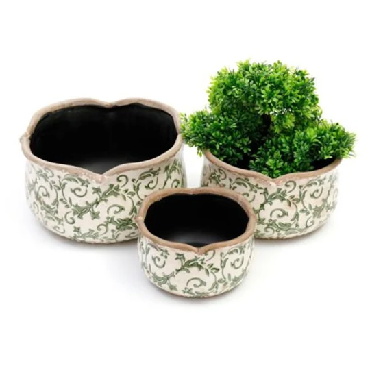 Vintage Green Cream Ceramic Round Floral Scalloped Planter Plant Flower Pot