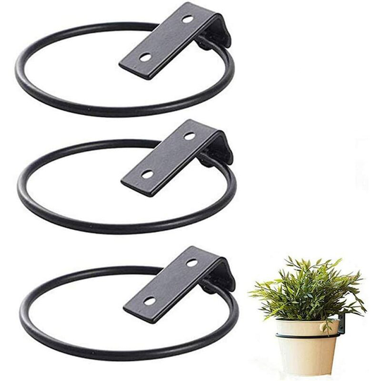 Bearsu - Inch Flower Pot Holder Ring Wall Mounted, Set of 3 Wall Planter Hooks, Foldable Black Iron Bracket - Rail Metal Fence Planters for Indoor