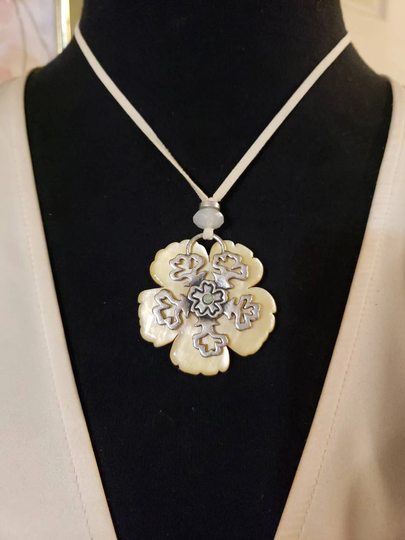 Reversible Mother Of Pearl Seasons Necklace, By Pilgrim Danish Design, Yellow With Snowflake Overlay To Blue & White Flower , 14" - 17