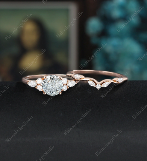 Salt & Pepper Moissanite Engagement Ring Set Vintage Women Cluster Marquise Cut Leaf Diamond Wedding Bridal Rose Gold Gift For Her