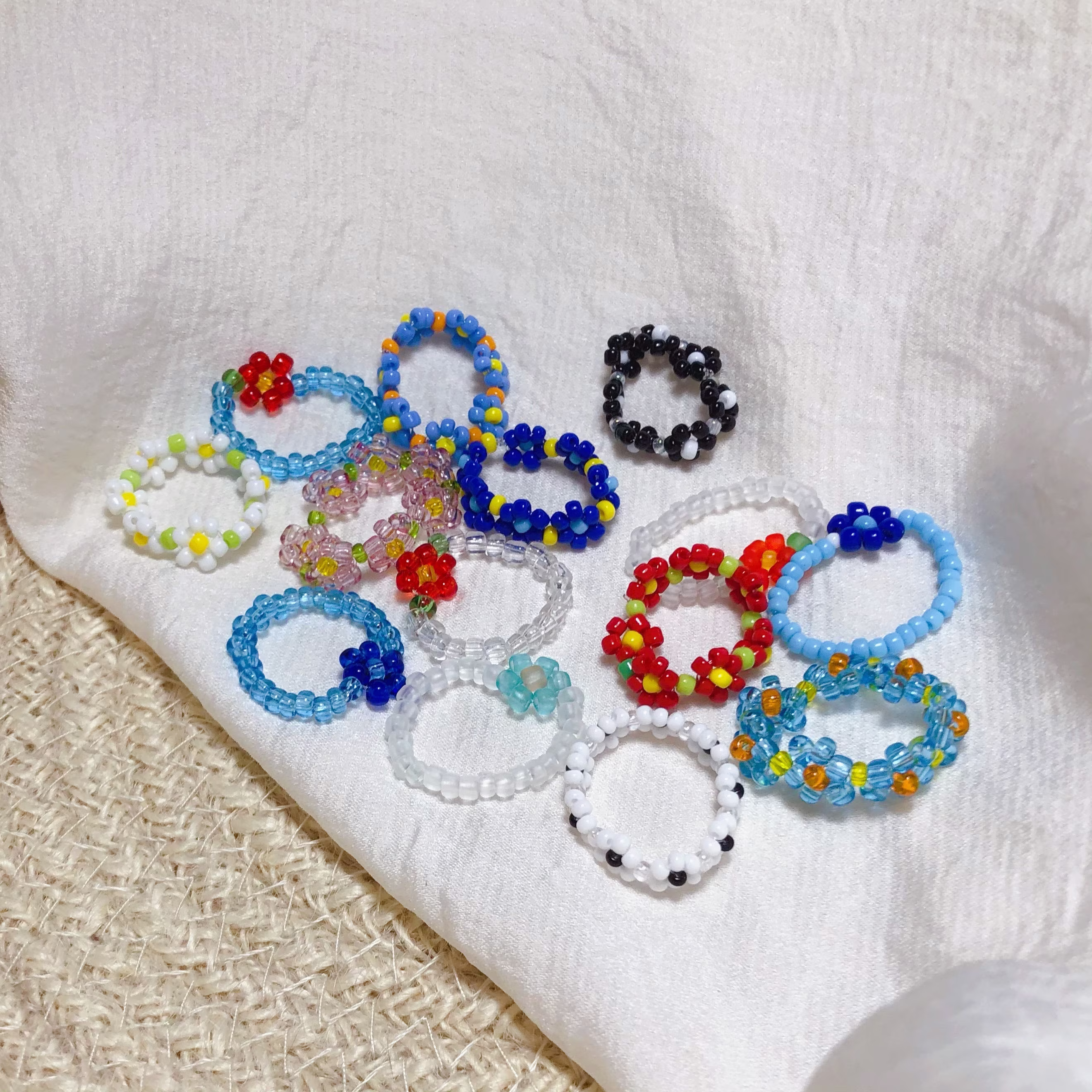 Handmade Flower Bead Ring | Glass Seed Beads Daisy Beaded Dainty Floral Spring & Summer Edition