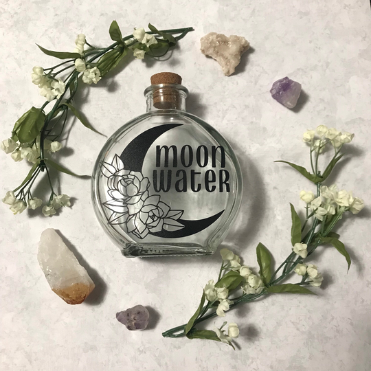 Moon Water Crescent Glass Bottle With Cork | Full Dark Goddess Ritual Magick Herb Jar Spells Alter Tools