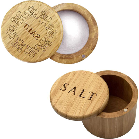 Bamboo Salt Box, Salt Container With Lid, Salt Shaker, Bowl with Magnetic Swivel Lid (2 pcs) letters + patterns