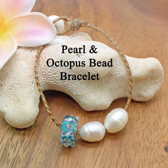 Pearl & Octopus Bead Bracelet/Braided Beach Jewelry Surfer Octopus