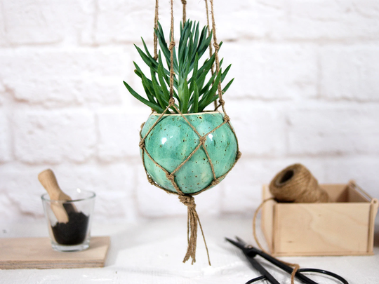 Ceramic Planter With Macrame, Ceramic Pot, Hanging Plant, Macrame Plant Hanger, Succulent Planter, Flowers Garden