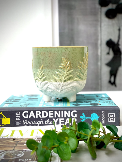 Floral Leaf Design Green & White Planter With Standing Legs, Embossed Ceramic Pot 11cm