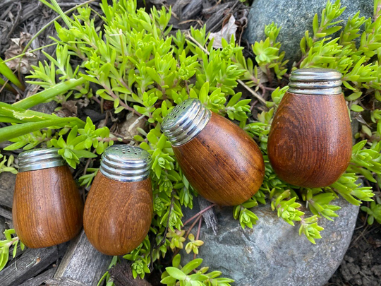 Teak Salt & Pepper Shakers, Mid Century Swedish Wood, K Holmberg Rostfritt Serving Pieces