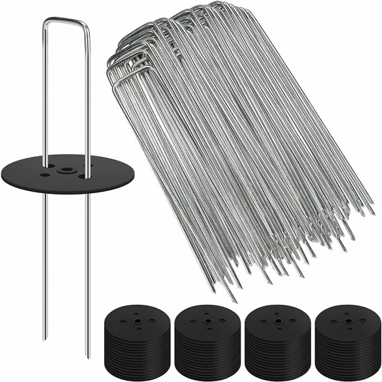 Qersta - 60 Pack 15cm Landscape Garden Plant Mulching Staples + 60 Sealers, 11 Gauge U-Shaped Galvanized Ground Stakes for Weed Control Cloth,