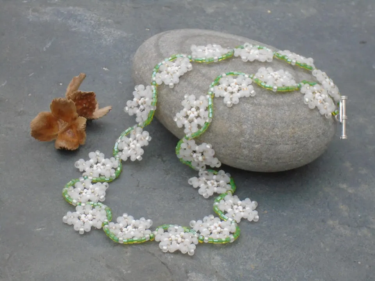 Cow Parsley Necklace, Czech Seed Bead in Frosted White, Champagne Yellow & Colour Lined Green Seed Beads, UK Seller