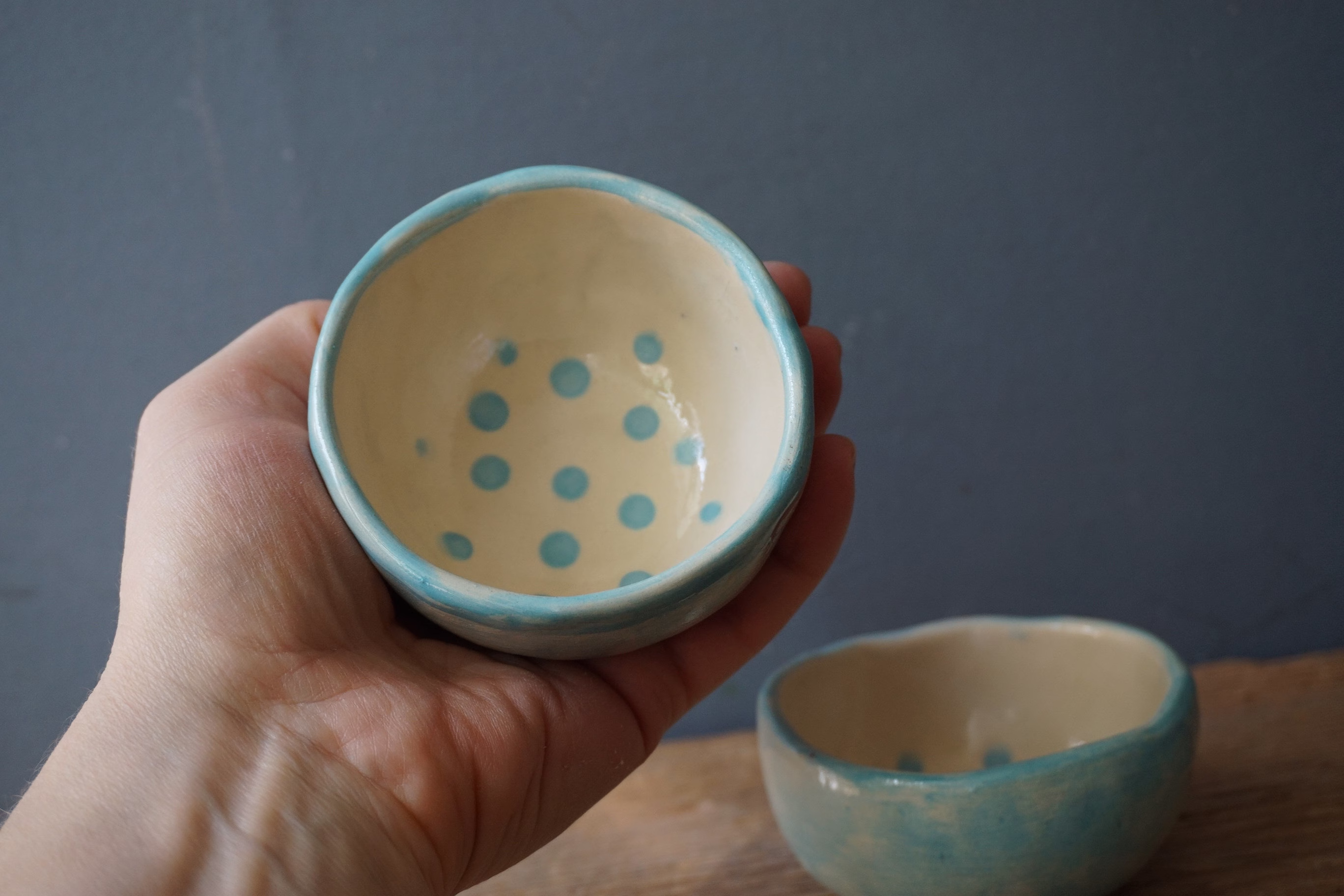 2 Polka Dots Bowls/Dip Light Blue Spice Bowls Sauce Salt & Pepper