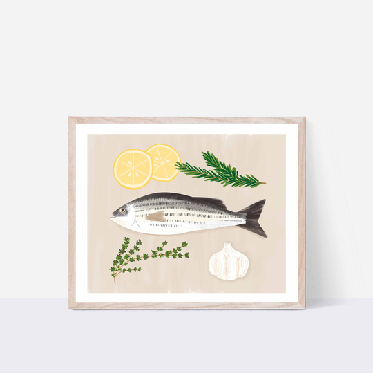 striped Bass With Herbs & Lemon Art Print/ Fish Seafood Cooking Illustration/ Kitchen Wall Decor/