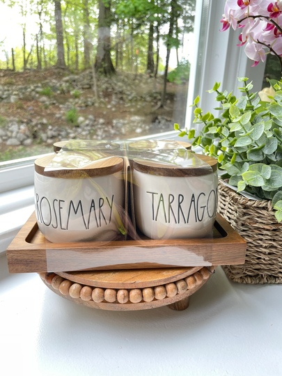 Farm House Herb Jars With Wooden Tray - Ceramic Cellar Lid Thyme Basil Rosemary Tarragon Farmhouse Style