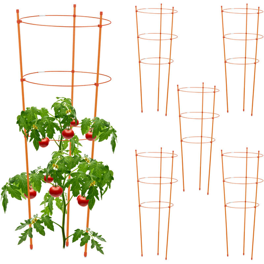 Climbing Aid Set of 6, Metal & Plastic, 76 cm, 3 Adjustable Rings, Trellis Frame Vines Garden Plants, Orange - Relaxdays