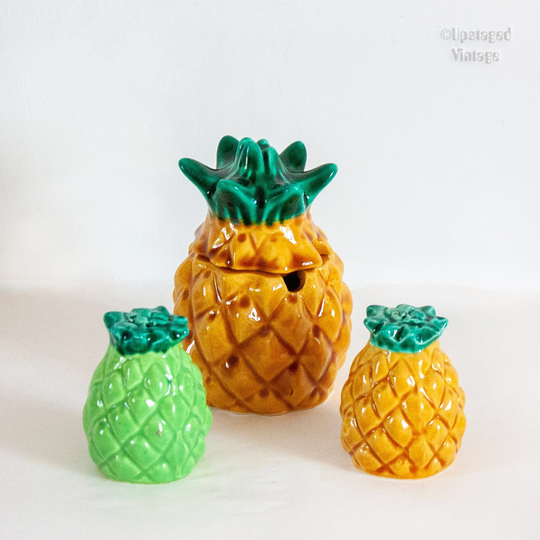 French Vintage Ceramic Pineapple Design Cruet Set With Salt & Pepper Shakers & Mustard Pot