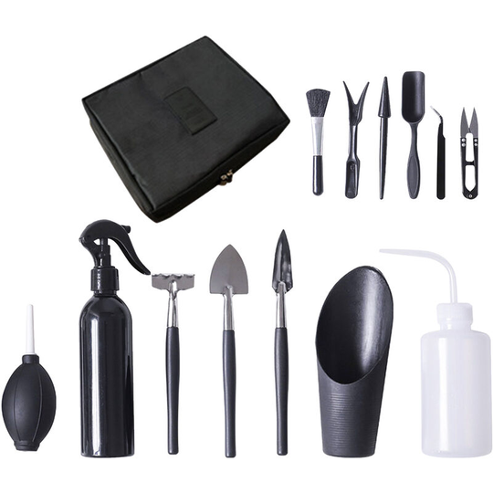 Lifcausal - 14PCS Garden Planting Tool Set Bonsai Succulent Transplanting Mini Planting Hand Tools for Indoor Miniature Fairy Garden Plant Care Black