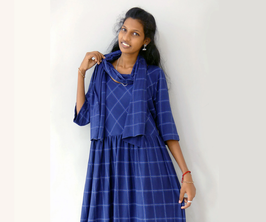 Summer Or Mid-Season Dress With 3/4 Sleeves in Indigo Blue Checked Cotton Jersey Flat Bodice & Gathered Skirt