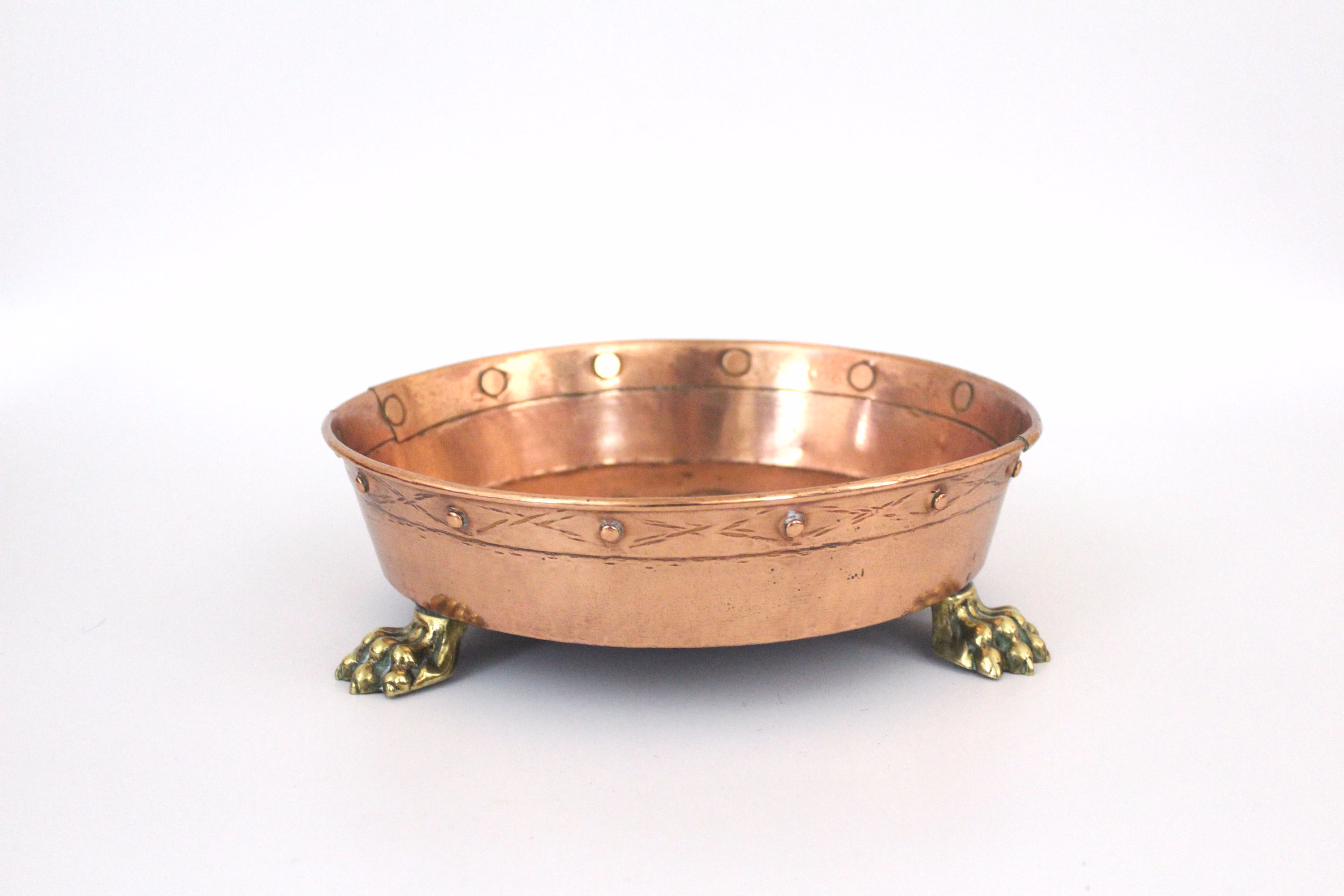 Rare Antique Copper Planter Stand/Jardiniere Holder With Brass Paw Lion Feet || Vintage Metal Plant Pot Saucer in Riveted