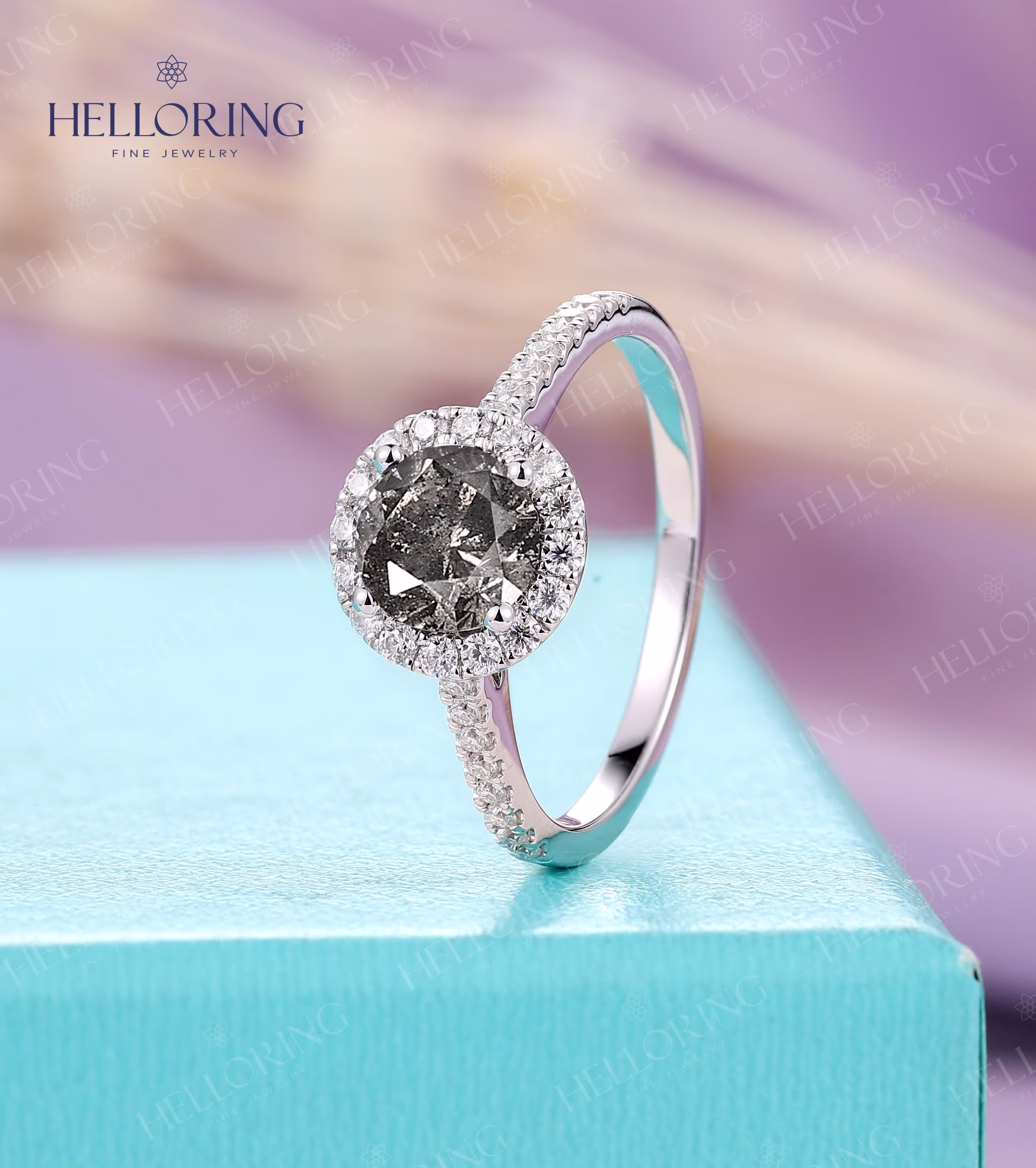 Salt & Pepper Diamond Engagement Ring Halo Half Eternity Micro Pave Wedding Vintage Solid Gold Anniversary Promise
