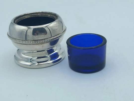 Silver Plated Salt Pot With Blue Glass Liner Made in England