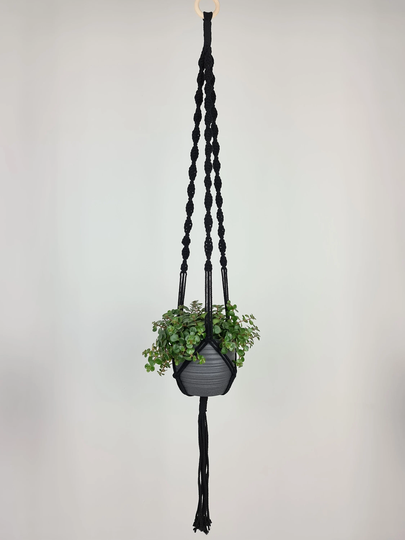 Dna Weave Pattern Black Plant Hanger | Cotton Wooden Ring Hanging Decoration Natural Handmade Boho Flower