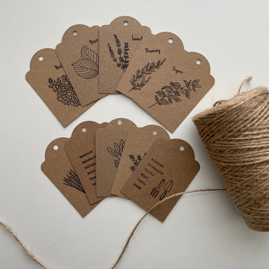 Herb Print Gift Tags For Gifts, Herb Labels, Set Of 10 Compostable Hand Printed Birthday Scrapbooking, Christmas