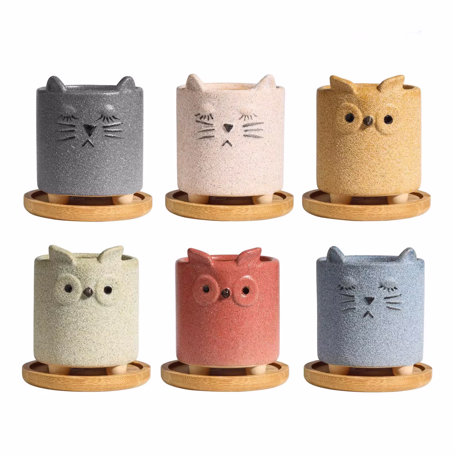 Cat Planter, Owl Succulent Pots, Mini Animal Planter Set, Small Ceramic Planters, Cactus Plant Not Included, Set Of 6