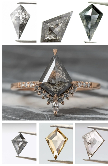 Custom Design Salt & Pepper Kite, Lozenge Diamond Engagement Ring, Avaline Setting, 14K Rose Gold, White Yellow Gold Gift For Her