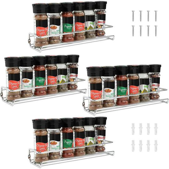 Chrome Wall Mounted Spice Rack (Set of 2) - Spice and Herb Rack for Kitchen Walls and Single Tier Cabinets