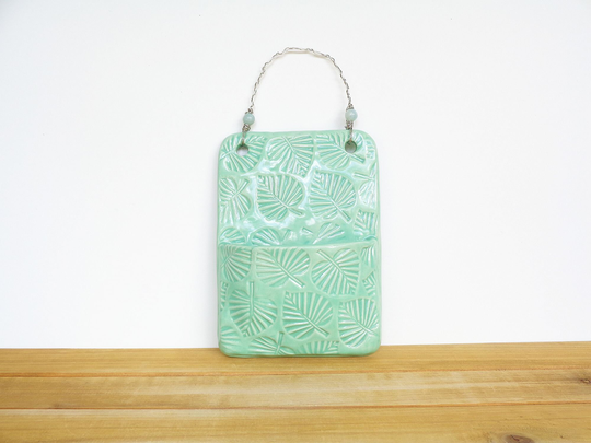 Ceramic Wall Pocket, Handmade Pottery, Stamped Vase, Clay Planter, Mint Green Glaze