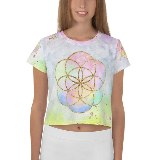 Cosmic Powers ~ Seed Of Life Sacred Geometry Crop Top Tee By Goddess Swag™ Version 2.0 Gym Workout, Pilates, Yoga, Music Festival