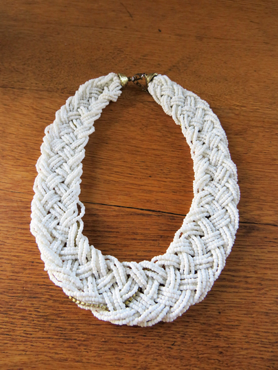 White Glass Seed Bead Braided Necklace, Gold Rhinestone Strand, White, Gold, Sparkly, Adjustable Length 18 1/2 - 20 1/2