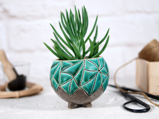 Modern Ceramic Planter For Succulent, Cactus, Air Plant // Mini Pot With Hand Carved Turquoise Texture | Gardening Garden Gift
