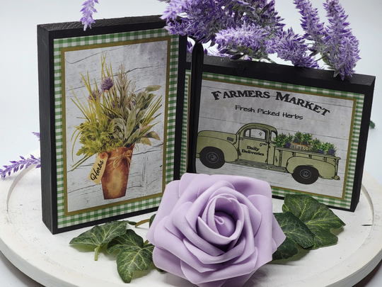 Tiered Tray Farmer's Market Herbs Wood Signs | Set Of 2