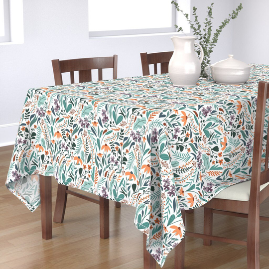 Teal Plants Tablecloth - Herbs By Lena_Nikolaeva Wild Grass Orange Purple White Blue Nature Garden Cotton Sateen Spoonflower