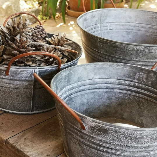 Round Zinc Planter Bowl W/Handles - Rustic Grey Metal Plant Pot Garden Tubs Bowls With Handles