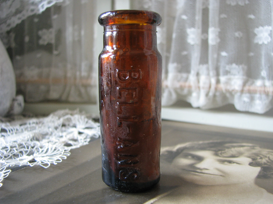 Antique Sample Bottle, Quack Embossed Medicine Brown Small Bottle