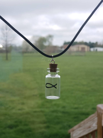 Fish Ichthys Empty Fillable Mini Glass Bottle Charm Corked Stopper Black Faux Leather Cord Necklace Pendant Tiny Jar Jewelry