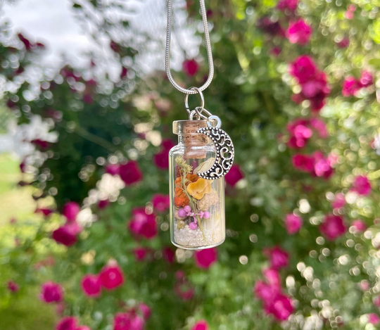 Crescent Moon Terrarium Necklace | Celestial Jewelry Amethyst Aesthetics Halloween Vial Witch Decor Moss Herbs Dried Flowers