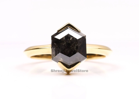 Salt & Pepper Diamond Ring | Minimalist Hexagon Shape Unique Engagement Galaxy J0088