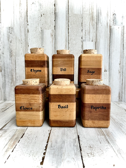 Vintage Set Of Six Wooden Spice Jars Cork Lid Hand Turned 1970S Stacked Wood Oak Old English