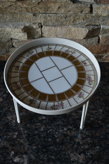 Low Round Metal Plant Stand Tray With Broken Vintage China Mosaic Center