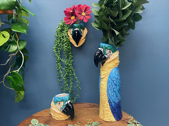 Blue Macaw Parrot Ceramic Wall Sconce/Vase Freestanding Storage Jar Planter