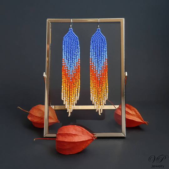 Violet Orange Seed Bead Earrings Chandelier Gradient Fringe Stylish Bright Earrings Dangle Beadwork