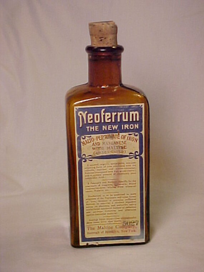 C1890S Neoferrum The New Iron The Maltine Company Borough Of Brooklyn, New York , Amber Blown Glass Patent Medicine Bottle, With Paper Label